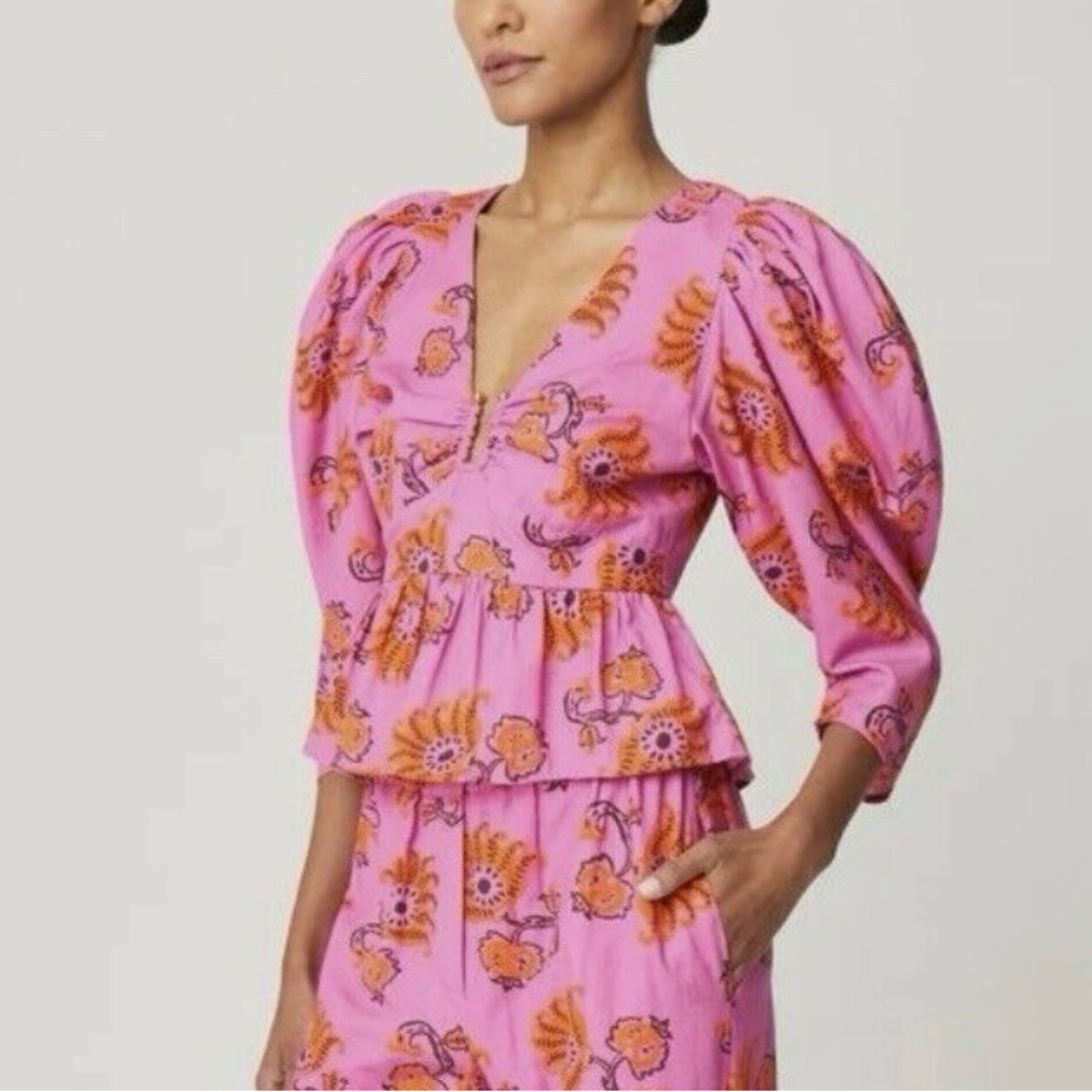 Multicolored Plunge Neck Puff Sleeve Blouse